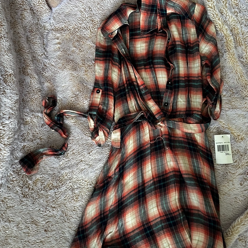 Plaid button up childrens dress with removable rope/string to tie